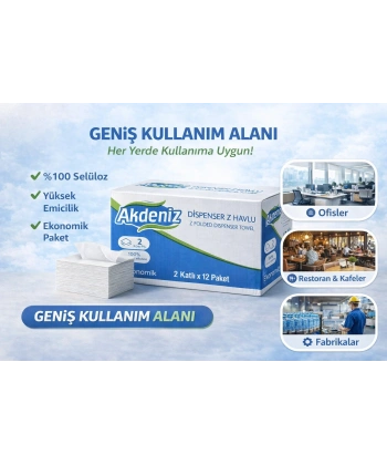 Akdeniz Dispenser Z Havlu 2 Katlı 12 Paket | %100 Selüloz | Ekonomik Z Katlı Kağıt Havlu
