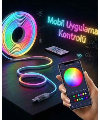 Akıllı RGB LED Neon Şerit Işık 3M USB Bağlantılı Uzaktan Kumanda ve Mobil Uygulama Kontrolü