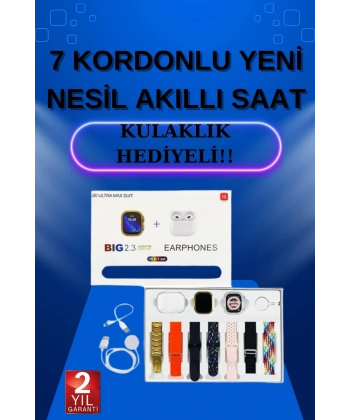 Akıllı Saat 7 Kordonlu Kulaklık Hediyeli Nabız Ölçer Uyku Takibi Sesli Görüşme