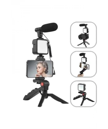 Akıllı Telefon Vlog Kiti Tripod Mini Mikrofonlu Telefon Tutucu