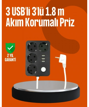 Akım Korumalı 3 USB Portlu 4’lü Priz 4.1A Hızlı Şarj