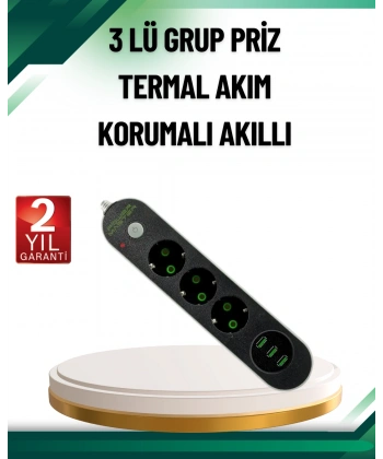 Akım Korumalı Anahtarlı USB Girişli Üçlü Priz