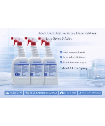 Alkol Bazlı Alet ve Yüzey Dezenfektanı 1 Litre Sprey 3 Adet