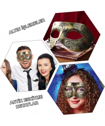 Altın Eskitme Yüz Maskesi - Antik Tarz Balo Maskesi