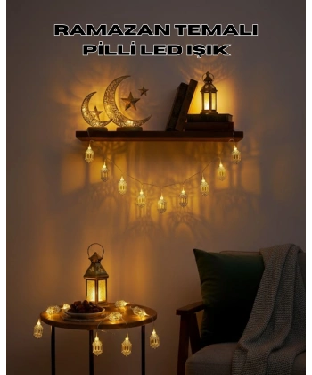 Altın Fener Detaylı Pilli Ramazan LED Işık Ev Dekorasyonu