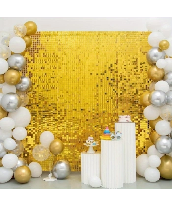 Altın Gold Renk Dikdörtgen Kesim Parlak Sim Görünümlü Fon Perde Dekor 1x2 Metre