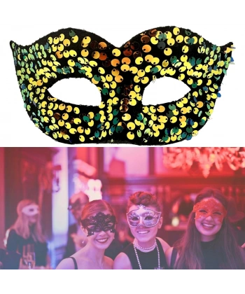 Altın Renk Arkadan Lastikli Pul Payet İşlemeli Balo After Parti Maskesi