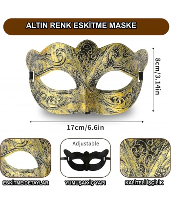 Altın Renk Eskitme Maskeli Balo Maskesi – Venedik Tarzı Parti Maskesi