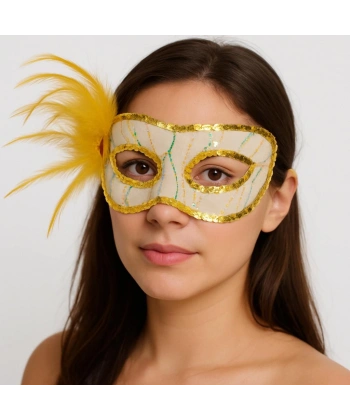 Altın Renk Yandan Tüylü Pul Payet İşlemeli Parti Maskesi 23x12 cm