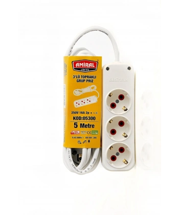 Amiral 3 lü Topraklı 5 Metre Kablolu Grup Priz