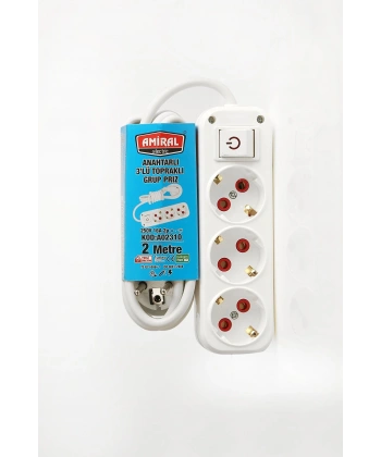 Amiral 3 lü Topraklı Anahtarlı 2 Metre Kablolu Grup Priz