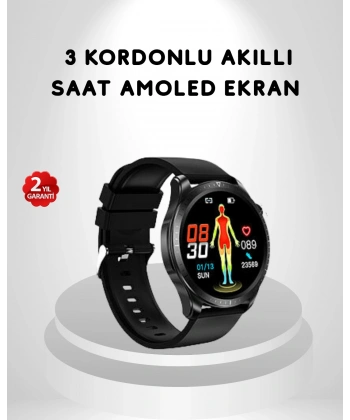 AMOLED Ekranlı Akıllı Saat – 3 Kordon Seçenekli, Suya Dayanıklı, Kalp Atış ve Uyku Takip Özellikli