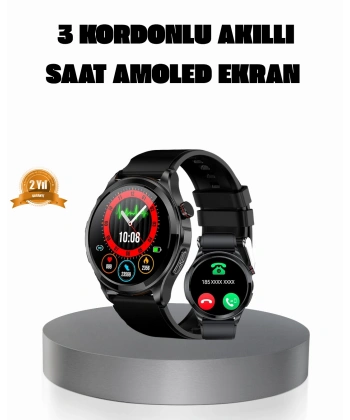 AMOLED Ekranlı Smartwatch – 3 Kordonlu, Kalp Atış & Uyku Takipli Akıllı Saat