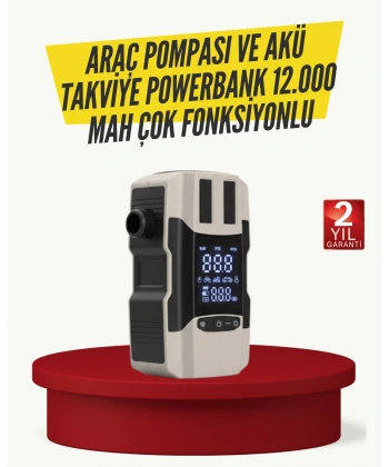 Araç Lastik Şişirme Pompası ve Akü Takviye Powerbank Bir Arada