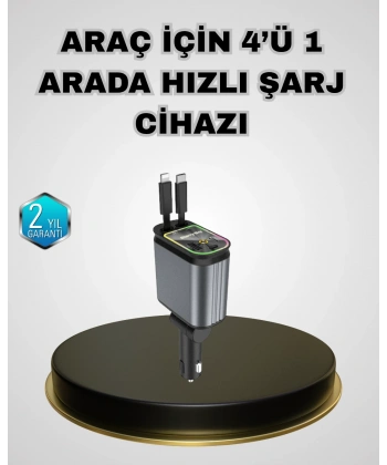 Araç Şarj Adaptörü 66W PD QC Hızlı Şarjlı ve Çekilebilir Kablolu