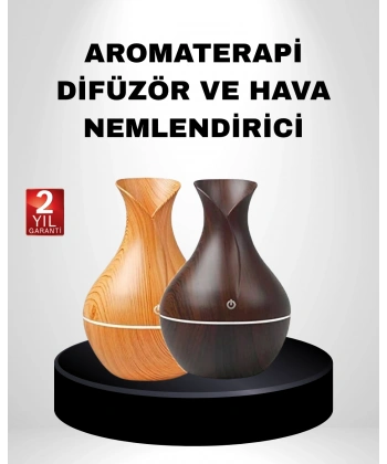 Aromaterapi Difüzör Ahşap Desenli ve Ultrasonik Nemlendirici LED Işıklı
