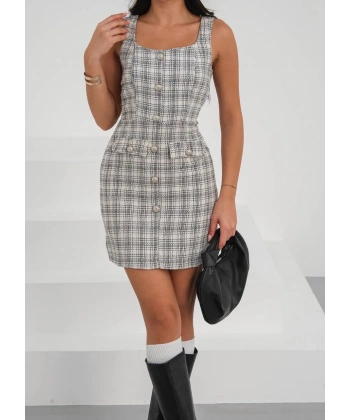 Askılı ch kumaş düğmeli elbise gribeyaz h265007