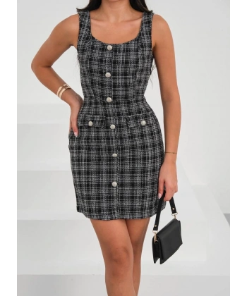 Askılı ch kumaş düğmeli elbise siyahbeyaz h265007