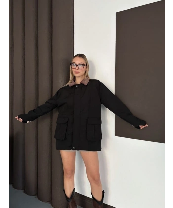 Astarlı yaka detaylı artos ceket siyah st2651019