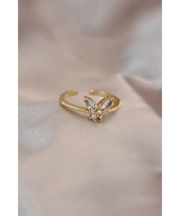 Ayarlamalı Altın Renk Metal Zirkon Taş ve Kristal Taşlı Kelebek Model Yüzük
