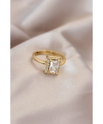 Ayarlamalı Gold Renk Metal Zirkon ve Kristal Taşlı Dikdörtgen Model Yüzük