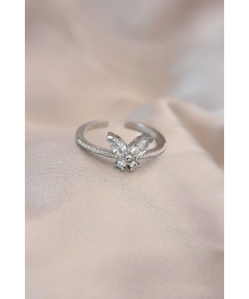 Ayarlamalı Gümüş Renk Metal Zirkon Taş ve Kristal Taşlı Kelebek Model Yüzük