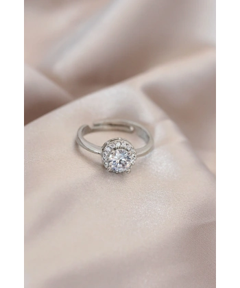 Ayarlamalı Gümüş Renk Metal Zirkon ve Kristal Taşlı Oval Model Yüzük