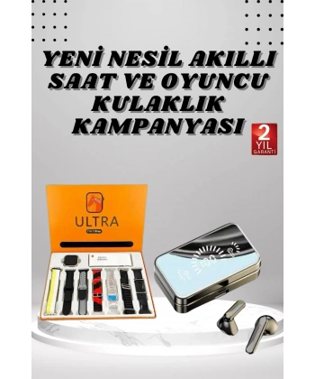 Aynalı Bluetooth Kulaklık ve 7 Kordonlu Akıllı Saat Dijital Göstergeli Uzun Pil Ömrü