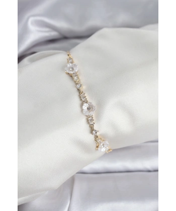 Baget Zirkon Taşlı Çiçek Model Gold Renk Asansörlü Kadın Bileklik