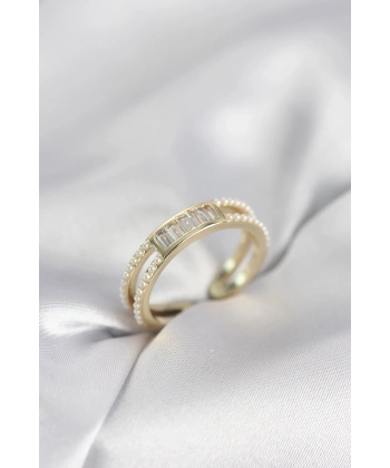 Baget Zirkon Taşlı Gold Renk İncili Kadın Yüzük