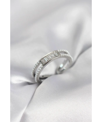 Baget Zirkon Taşlı Gümüş Renk İncili Kadın Yüzük