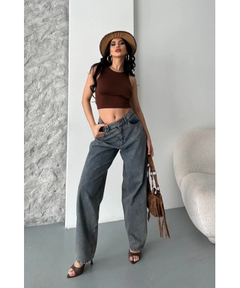 Baggy kar yıkama eskitme kahve jeans pantolon d2007