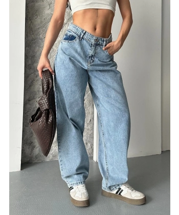 Baggy kar yıkama orta mavi jeans pantolon d2007