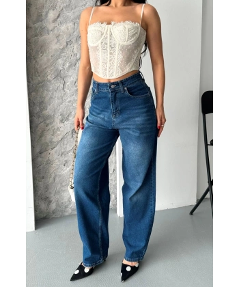 Baggy süper taş bıyık yıkama koyu mavi jeans pantolon d2007