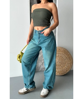 Baggy taş enzim bıyık yıkama jeans pantolon yeşil tint d2007