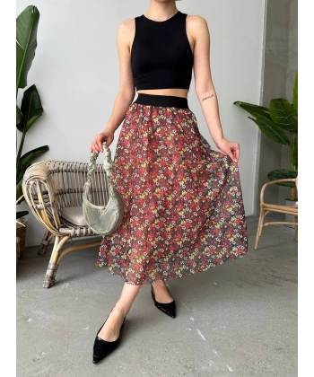 Baskılı astarlı uzun etek