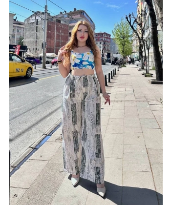 Baskılı Bağcıklı keten pantolon krem