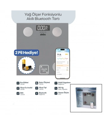 BASKÜL GRİ YAĞ ÖLÇER AKILLI BLUETOOTH CAM BASKÜL