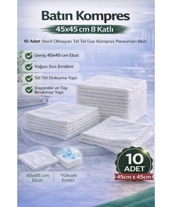 Batın Kompres 45x45 cm 8 Katlı 10 Adet Tel Tel Gaz Kompres Steril Olmayan Pansuman Bezi