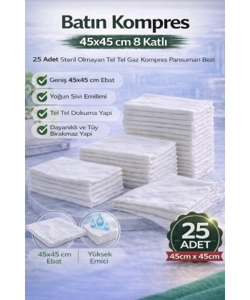 Batın Kompres 45x45 cm 8 Katlı 25 Adet Tel Tel Gaz Kompres Steril Olmayan Pansuman Bezi