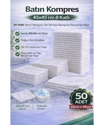 Batın Kompres 45x45 cm 8 Katlı 50 Adet Tel Tel Gaz Kompres Steril Olmayan Pansuman Bezi