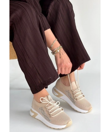 Belan Bej Triko Bağcıklı Spor Ayakkabı