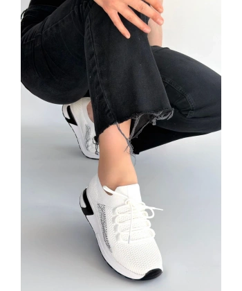 Belan Beyaz Triko Bağcıklı Spor Ayakkabı