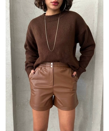 Beli lastikli çıtçıtlı deri şort kahve w241007