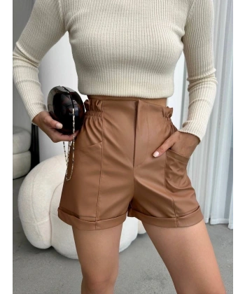 Beli lastikli deri şort kahve H24605