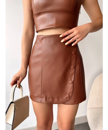 Beş düğmeli oval deri etek kahve h240068