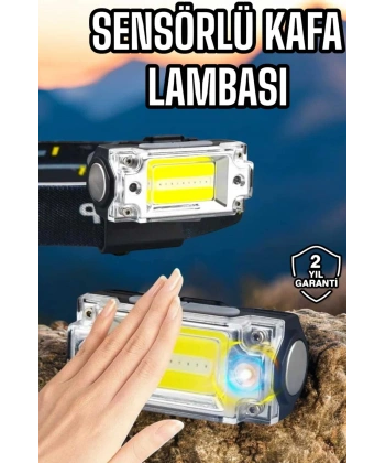 Beyaz Led Işık Sensörlü Kafa Lambası Lityum Batarya Led El Fenerli Şarjlı