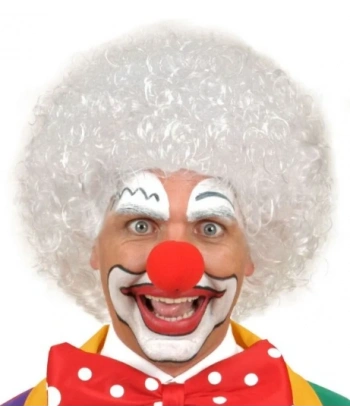 Beyaz Renk Kıvırcık Afro Bonus Peruk Saç ve Kırmızı Sünger Burun Seti