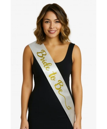 Beyaz Saten Üzerine El Yazısı İtalik Altın Bride To Be Kuşağı 10 cm Genişlik