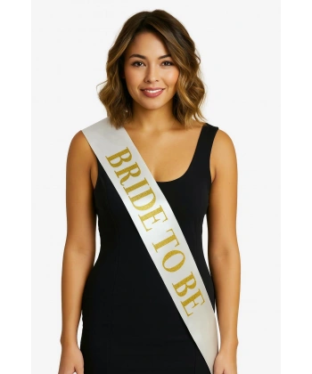 Beyaz Saten Üzerine Kalın Altın Yazılı Bride To Be Kuşağı 10 cm Genişlik